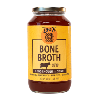 zoup beef bone broth jar with no artificial ingredients, gmo free and gluten free label