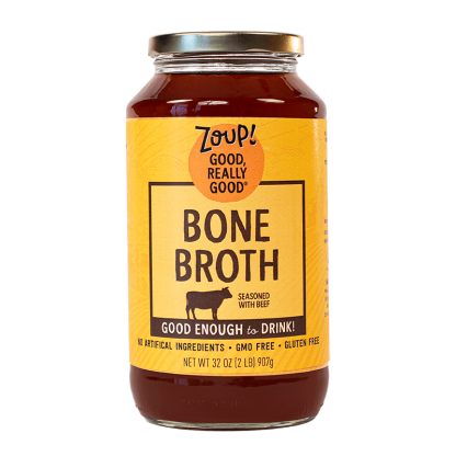 zoup beef bone broth jar with no artificial ingredients, gmo free and gluten free label