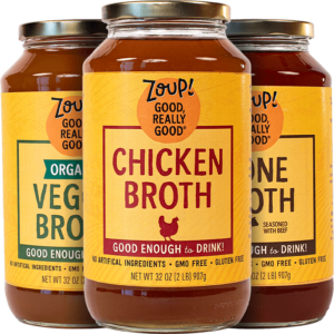 Zoup! gmo free, gluten free chicken broth, organic veggie broth and bone broth with no artificial ingredients