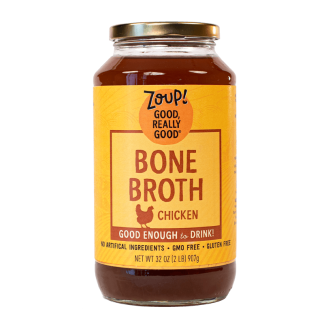 zoup chicken bone broth jar with no artificial ingredients, gmo free and gluten free label