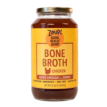 zoup chicken bone broth jar with no artificial ingredients, gmo free and gluten free label