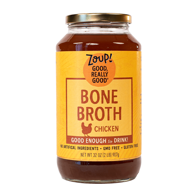 zoup chicken bone broth jar with no artificial ingredients, gmo free and gluten free label