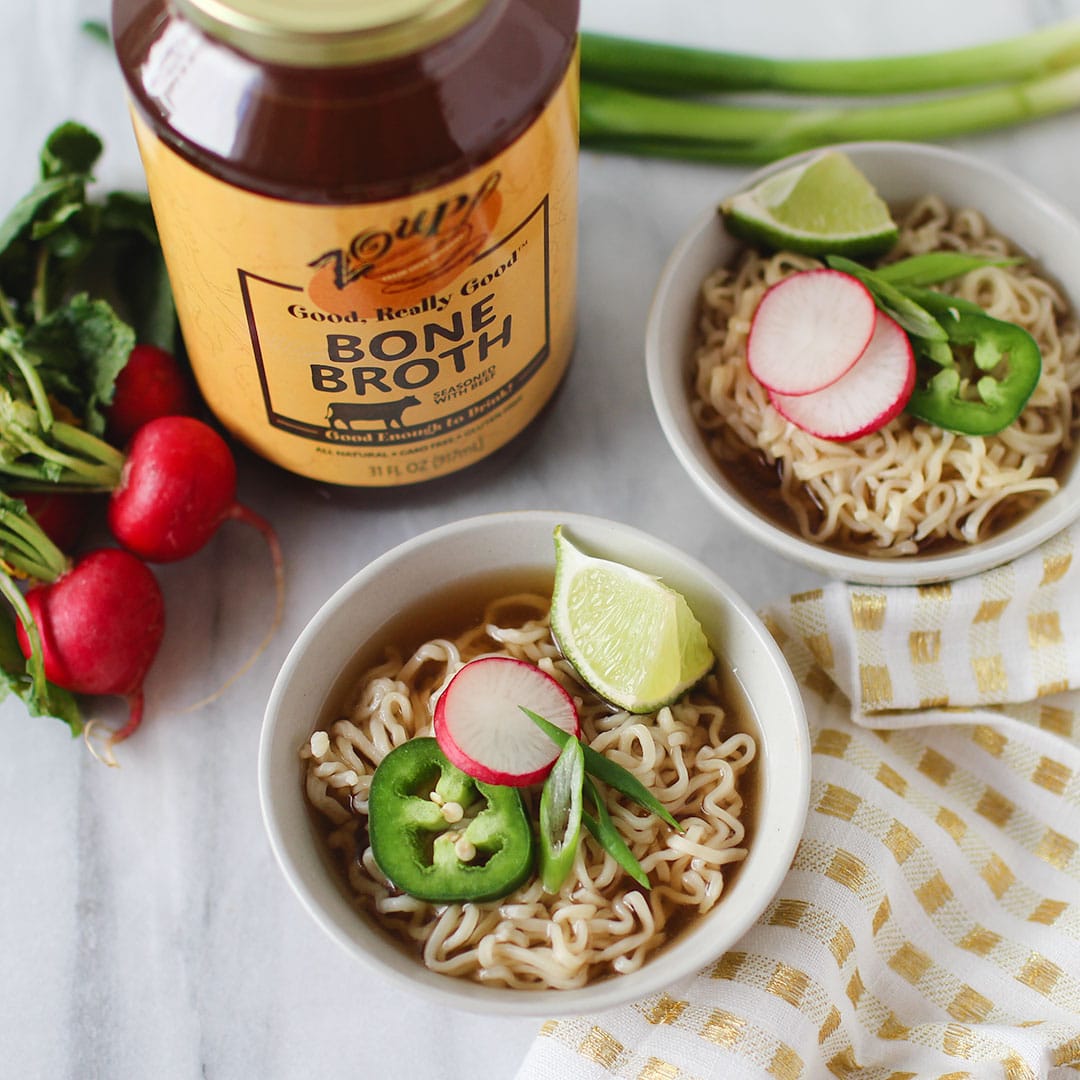 zoup easy ramen recipe with beef bone broth, noodles, radishes and jalapenos