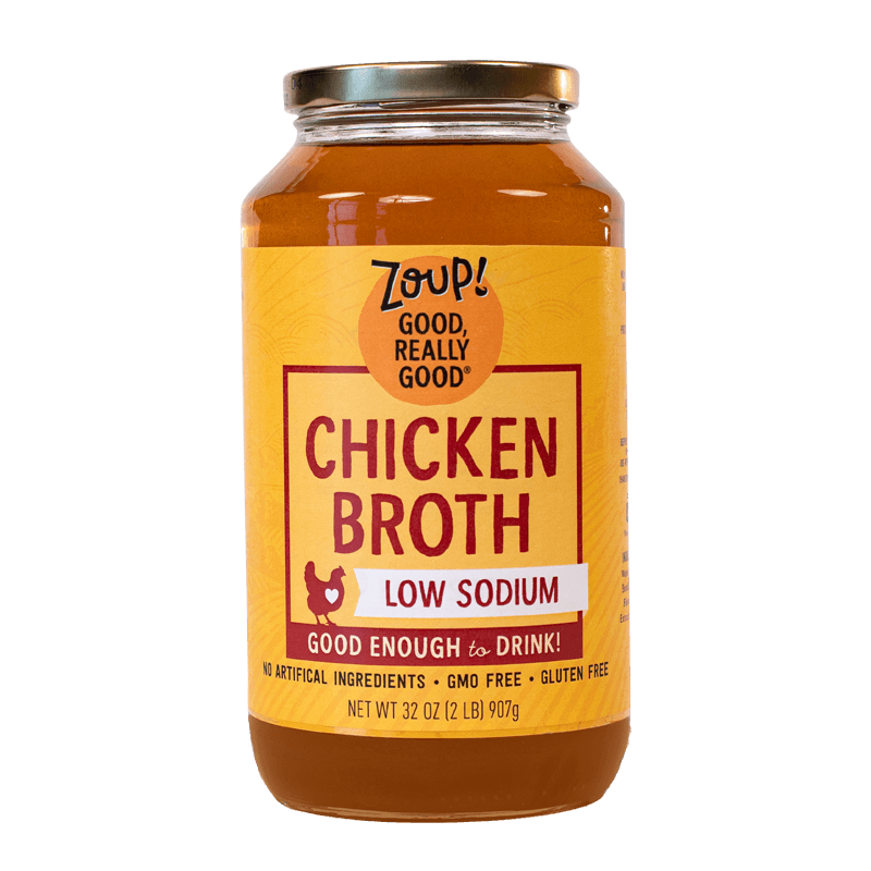 zoup low sodium broth jar with no artificial ingredients, gmo free and gluten free label