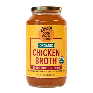 zoup organic chicken broth jar with no artificial ingredients, gmo free and gluten free label