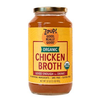 zoup organic chicken broth jar with no artificial ingredients, gmo free and gluten free label