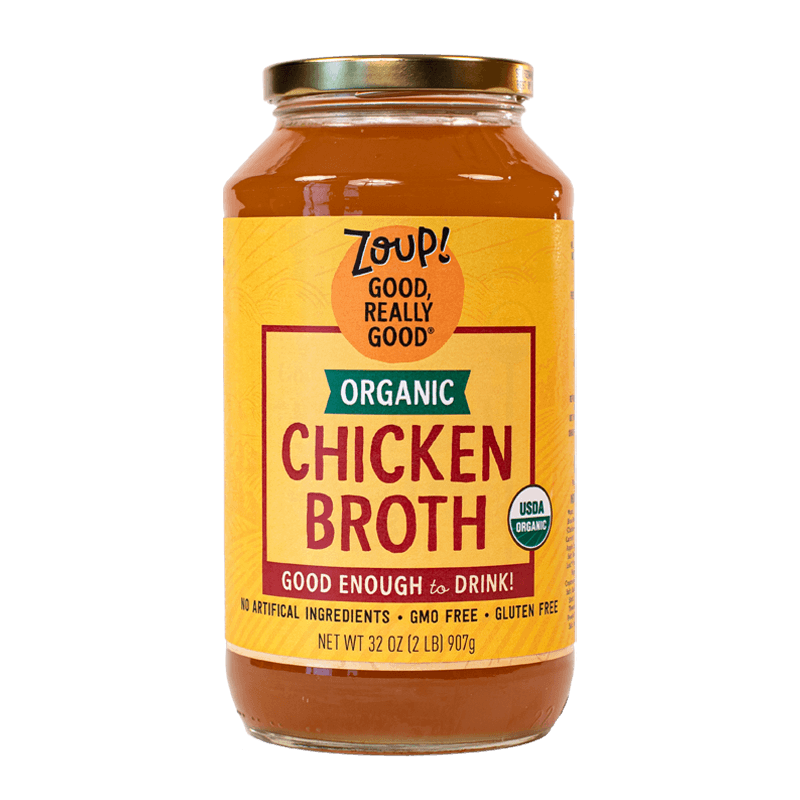 zoup organic chicken broth jar with no artificial ingredients, gmo free and gluten free label