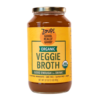 zoup organic veggie broth jar with USDA organic, no artificial ingredients, gmo free and gluten free label