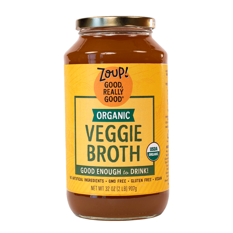 zoup organic veggie broth jar with USDA organic, no artificial ingredients, gmo free and gluten free label