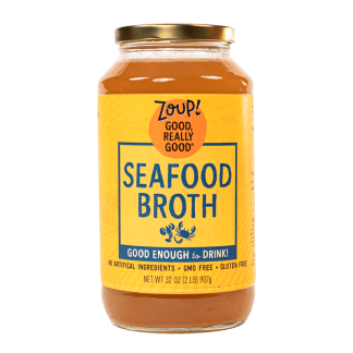 zoup seafood broth jar with no artificial ingredients, gmo free and gluten free label