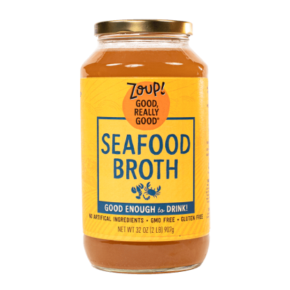 zoup seafood broth jar with no artificial ingredients, gmo free and gluten free label