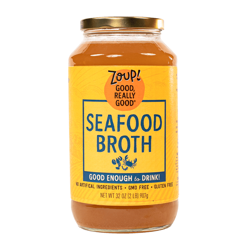 zoup seafood broth jar with no artificial ingredients, gmo free and gluten free label