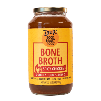 zoup spicy chicken bone broth jar with no artificial ingredients, gmo free and gluten free label