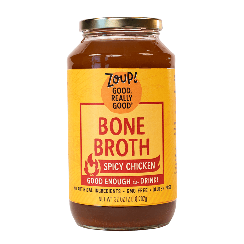 zoup spicy chicken bone broth jar with no artificial ingredients, gmo free and gluten free label