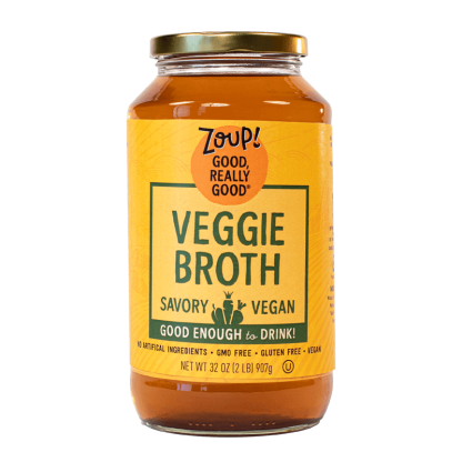 zoup veggie broth with vegan, no artificial ingredients, gmo free, gluten free and vegan label