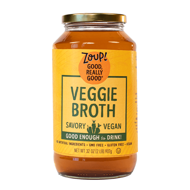zoup veggie broth with vegan, no artificial ingredients, gmo free, gluten free and vegan label